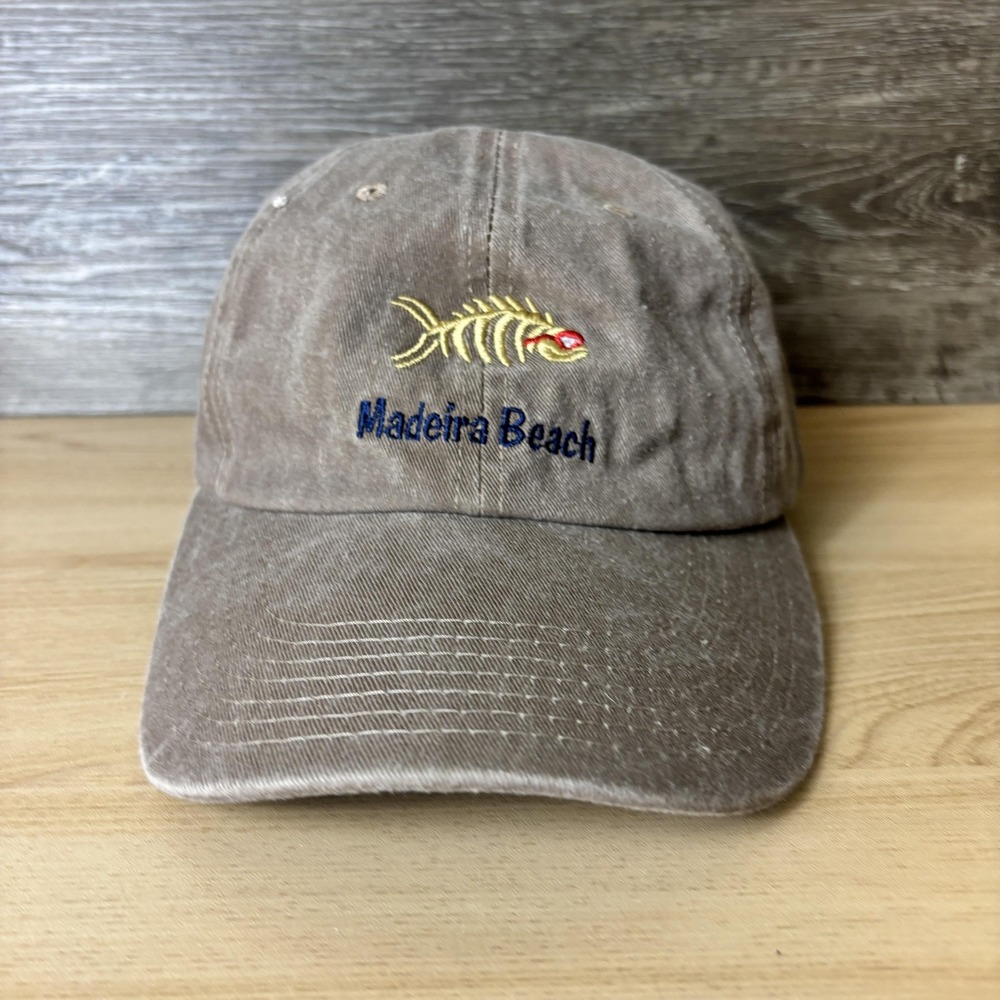 Madeira Beach Hat Cap Strap Back Brown Embroidered Fish Bone Mens Classic Cotton